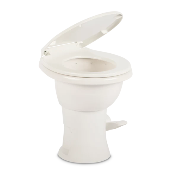 White Dometic 410 Tall RV Toilet - Three Quarter View with Seat Raised | United RV Parts