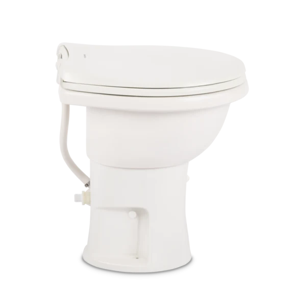 White Dometic 410 Tall RV Toilet - Side Angle View with Flush Handle | United RV Parts