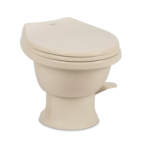 Bone Dometic 411 Low Profile RV Toilet 9610008262 - Front 3/4 View Seat Closed | United RV Parts