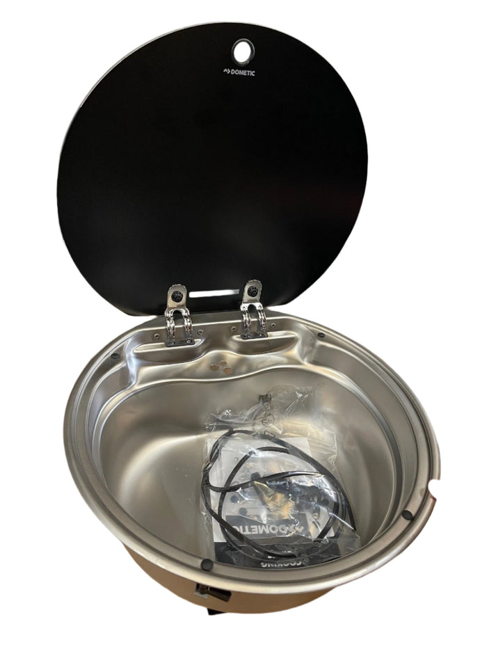 Dometic VA7000 Round Sink with Black Glass Cover Open - Top View | United RV Parts