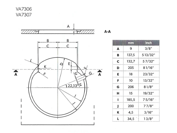 Dometic VA7306 VA7307 Round Sink Dimensions - Technical Specification Diagram | United RV Parts