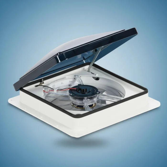 Dometic Fan-Tastic Vent FV2200 RV Roof Vent Fan with Smoke Lid Open - Angled View | United RV Parts