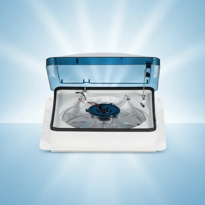 Dometic Fan-Tastic Vent FV2200 RV Roof Vent Fan Blue Lid Open Showing Fan Blade - Front View | United RV Parts