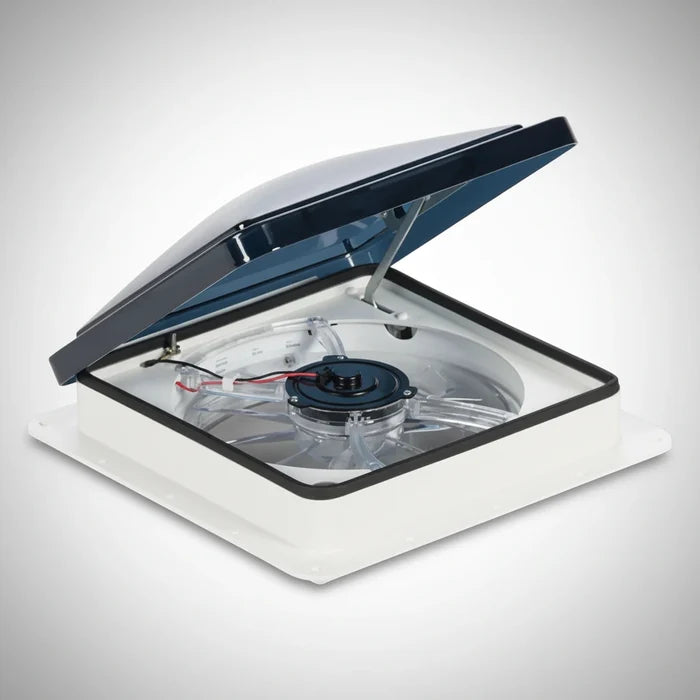 Dometic Fan-Tastic Vent FV2200 Smoke Lid Manual Lift Open Showing Clear Fan Blade - Side Angle | United RV Parts