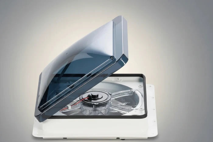 Dometic Fan-Tastic Vent FV2200 Smoke Lid Open at Side Profile Showing Fan Motor and Wiring | United RV Parts