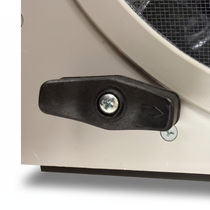 Dometic FV2200 RV Roof Vent Fan Manual Lid Lift Latch Close-Up - Hardware Detail | United RV Parts