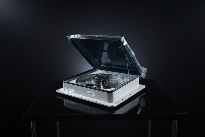 White Dometic Fantastic Vent Fan FV2200 - Side Profile with Open Lid | United RV Parts