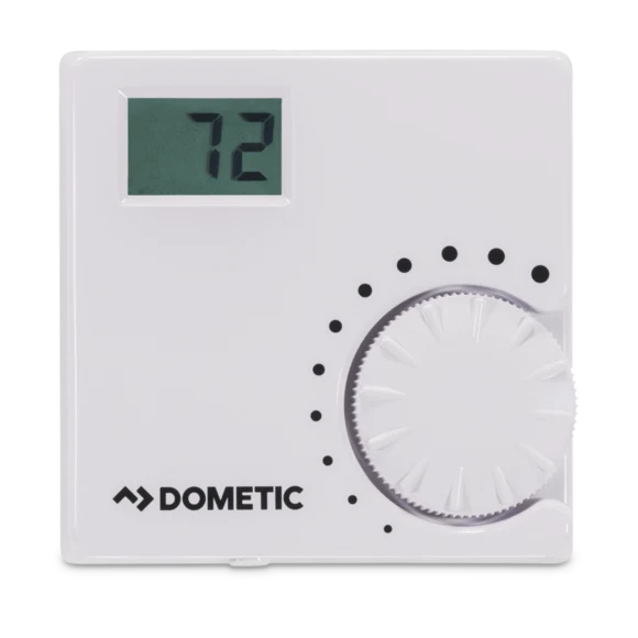 White Dometic Digital Furnace Thermostat 9610008133 Heat Only - Front View | United RV Parts