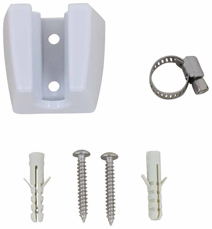 White Plastic Spray Holder Mount and Clamp Components - Flat Lay | United RV Parts