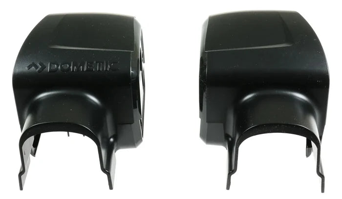 Black Dometic 9200 Awning End Covers - Back View with Brand Logo | United RV Parts