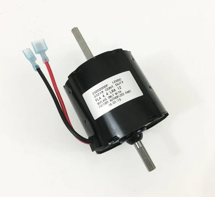 Black Dometic HydroFlame 30131 12V Furnace Motor - Angle View with Label Detail | United RV Parts