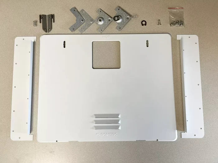 White Dometic Water Heater Door Kit 94946 with Hardware - Top View | United RV Parts