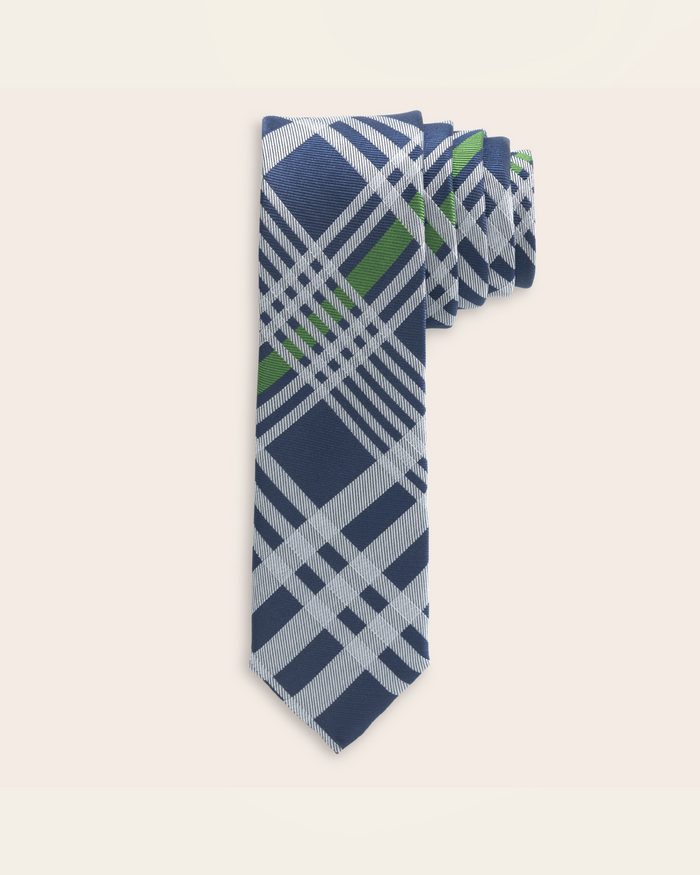 Plaid tie with blue, green, and gray pattern