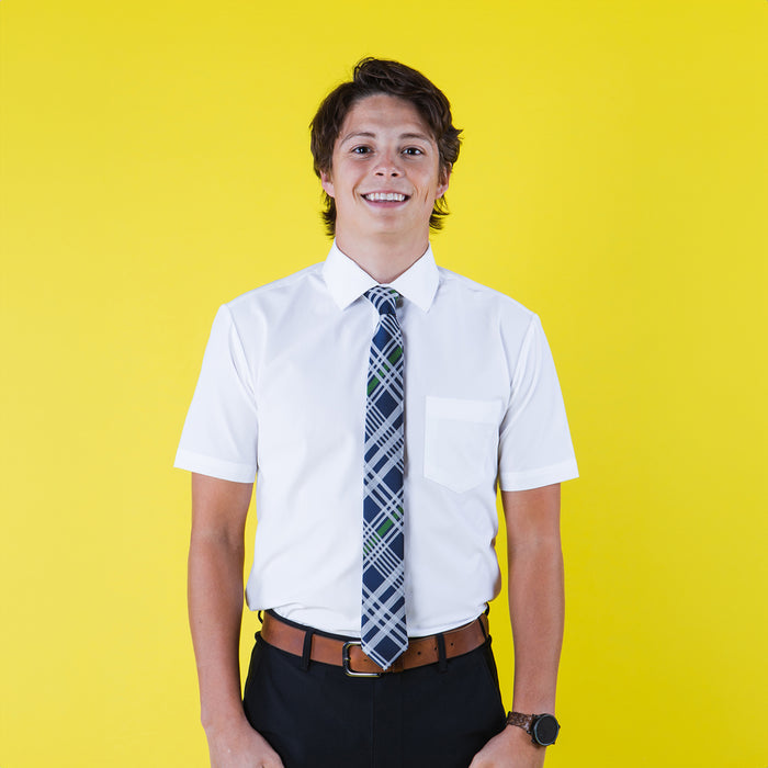 Plaid tie with blue, green, and gray pattern on white shirt