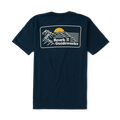 Close-up of a navy blue Roark active shirt sleeve designed for adventure and outdoor activities.