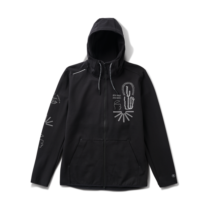Close-up of a black Roark hoodie featuring a durable zipper and functional pockets, perfect for adventure and travel