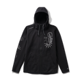 Close-up of a black Roark hoodie featuring a durable zipper and functional pockets, perfect for adventure and travel