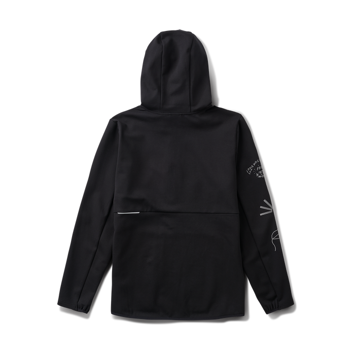 Hooded black windbreaker from Roark, designed for adventure and outdoor activities, showing durability and style.