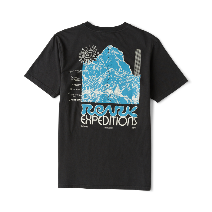 Black short sleeve tee with blue mountain illustration, sun graphic, and Peak Expeditions text on back, flat lay view