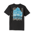 Black short sleeve tee with blue mountain illustration, sun graphic, and Peak Expeditions text on back, flat lay view
