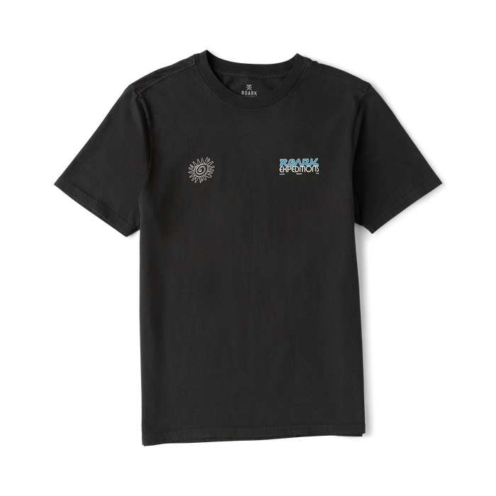 Black short sleeve t-shirt with sun and park expeditions graphic embroidery on chest, flat lay view