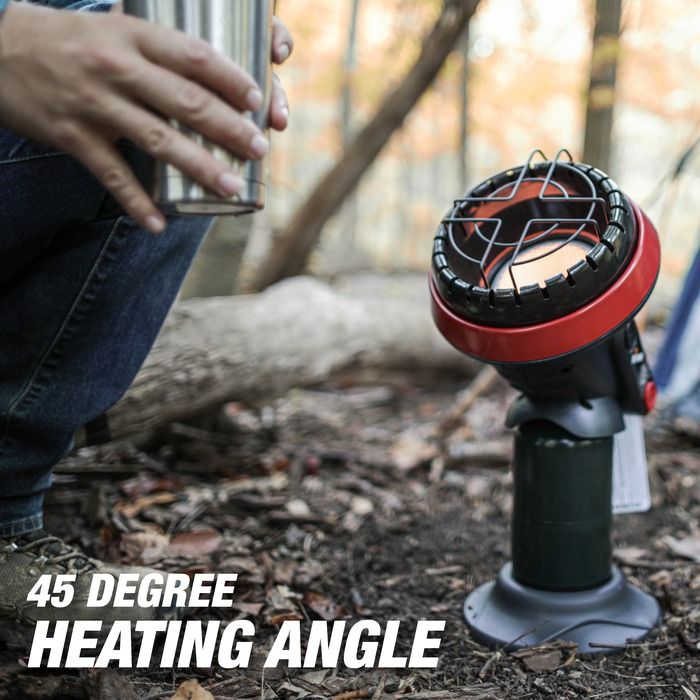 Little Buddy Propane Heater F215100 Lit at 45 Degree Heating Angle - Campsite Lifestyle | United RV Parts