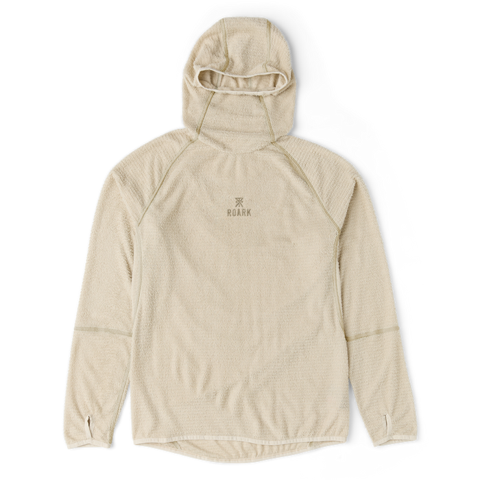 Cream-colored Roark Evolve Hoodie with drawstring hood and textured fabric, displayed flat on white background