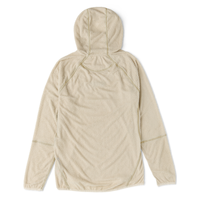 Evolve Hoodie in sand colored textured fabric displayed flat lay, showing hooded neckline and raglan sleeves from back view