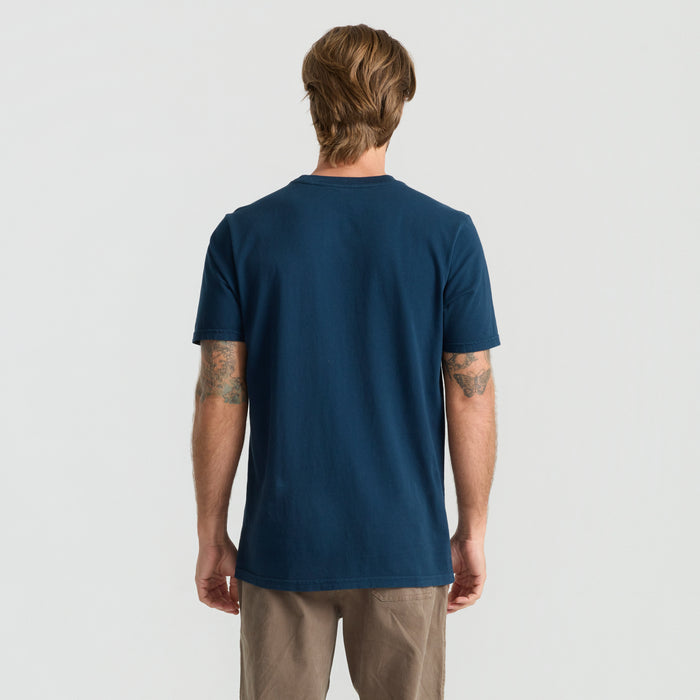Close-up of a navy blue active shirt sleeve designed for adventure and outdoor activities.