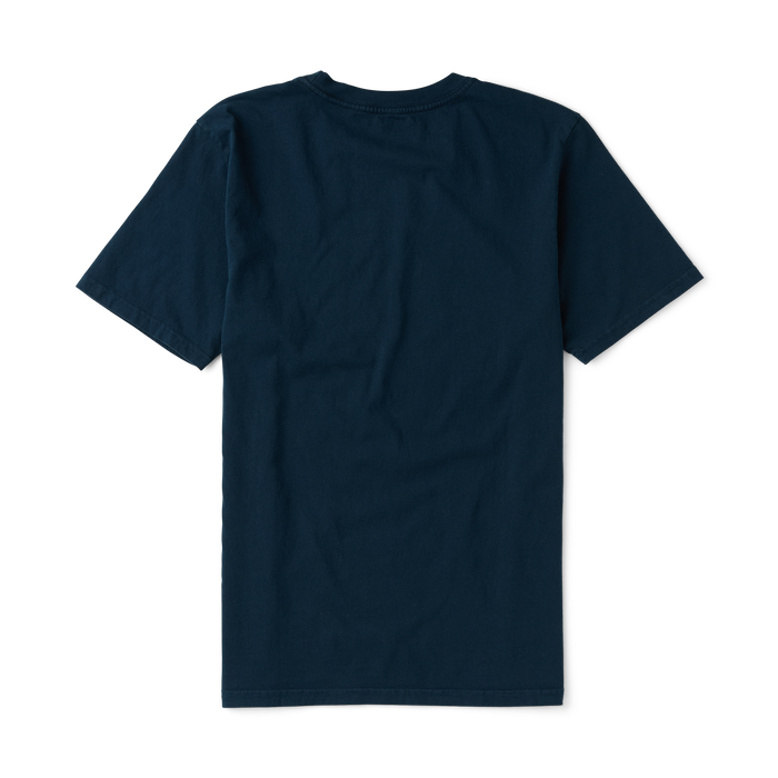 Active navy T-shirt from Roark designed for adventure and travel, featuring durable sleeves for outdoor activities.