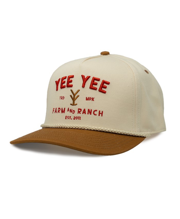 Beige and brown cap with 'Yee Yee Farm and Ranch' text on a white background