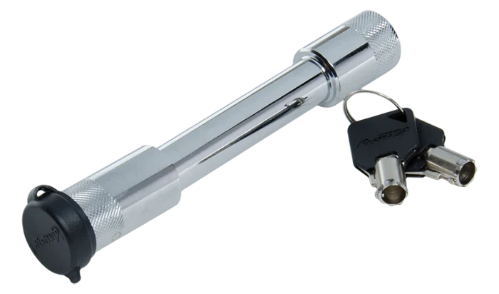 Chrome Fastway Locking Hitch Pin with Key Set and Dust Cap - Side Angle View | United RV Parts