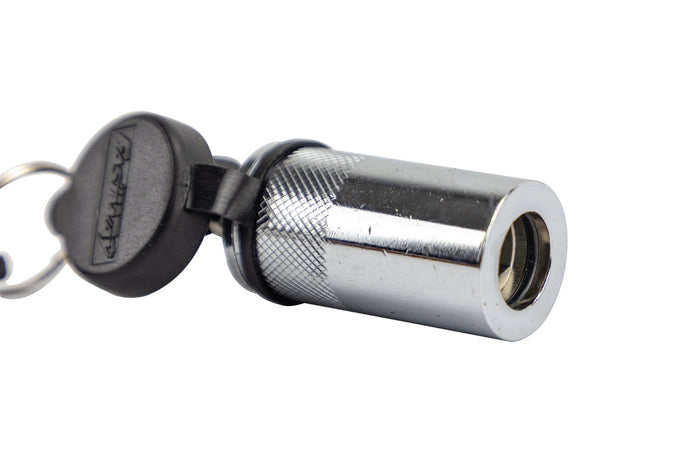 Fastway Receiver Lock Chrome Knurled Lock Cylinder with Key and Cap Open - Close-Up | United RV Parts