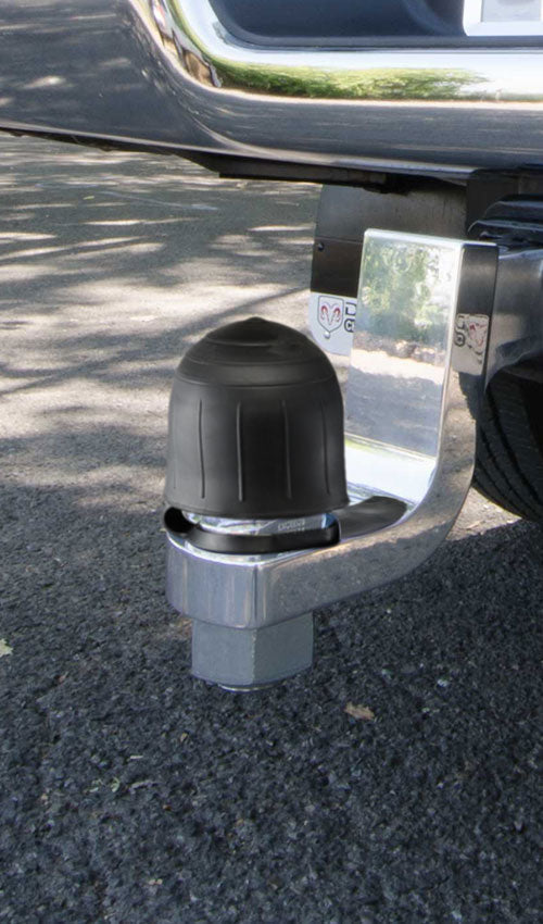 Black Rubber Trailer Ball Cover Installed on Chrome Hitch Ball - Truck Bumper View | United RV Parts