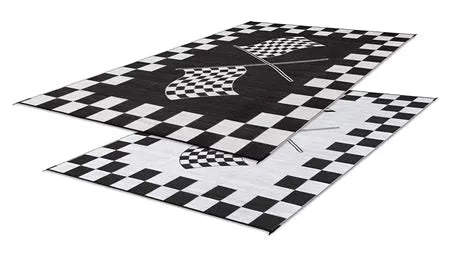 Black & White Finish Line RV Patio Mat 6x9 - Both Sides Shown | United RV Parts