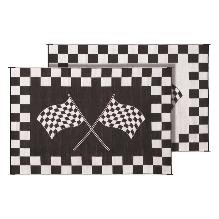 Faulkner Black & White Checkered Flag RV Patio Mat 6x9 - Dark Side Front View | United RV Parts