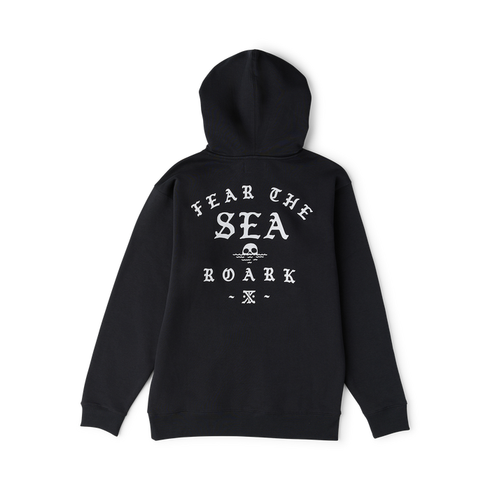 Black Fear The Sea Roark hoodie with white graphic text and skull design on back, displayed flat lay against white background