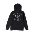 Black Fear The Sea Roark hoodie with white graphic text and skull design on back, displayed flat lay against white background