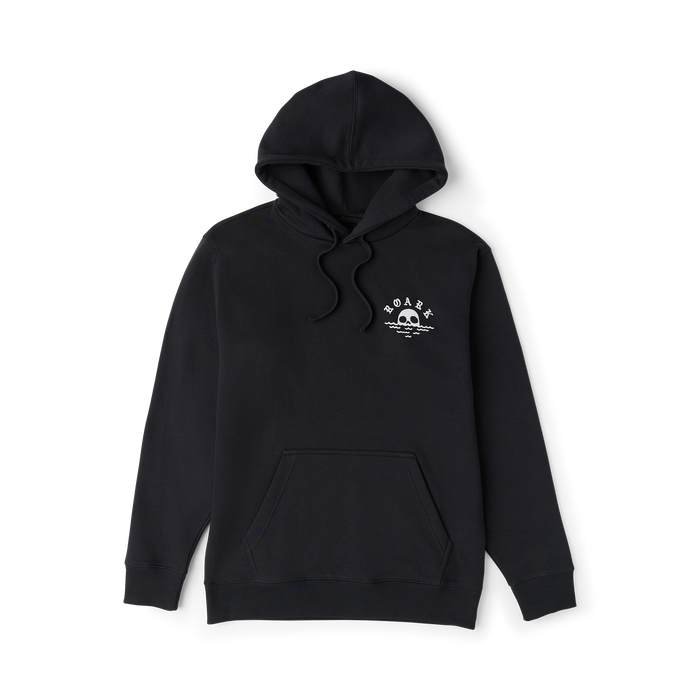 Black Roark hoodie with small skull and wave logo on chest, drawstring hood, and kangaroo pocket displayed flat on white background