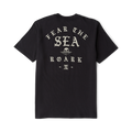 Black short-sleeve t-shirt with cream-colored back print reading "Hear The Sea Roark" with skull and decorative symbols