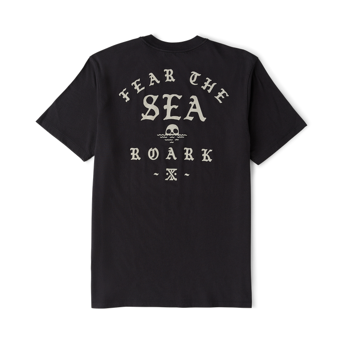Black short-sleeve t-shirt with cream-colored back print reading "Hear The Sea Roark" with skull and decorative symbols