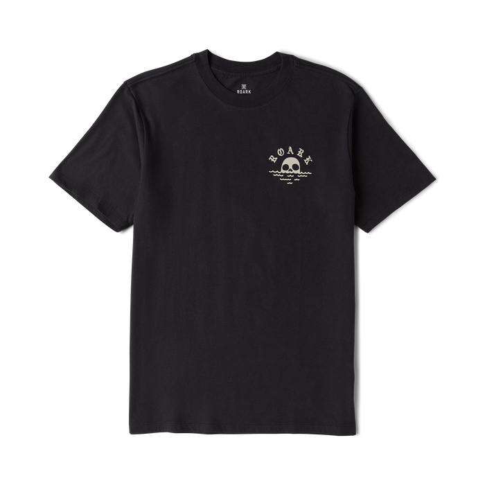 Black short-sleeve t-shirt with small white skull and wave logo print on chest, flat lay view against white background