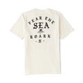 Cream colored short-sleeve t-shirt featuring black text reading "Hear The Sea Roark" with skull graphic on back view