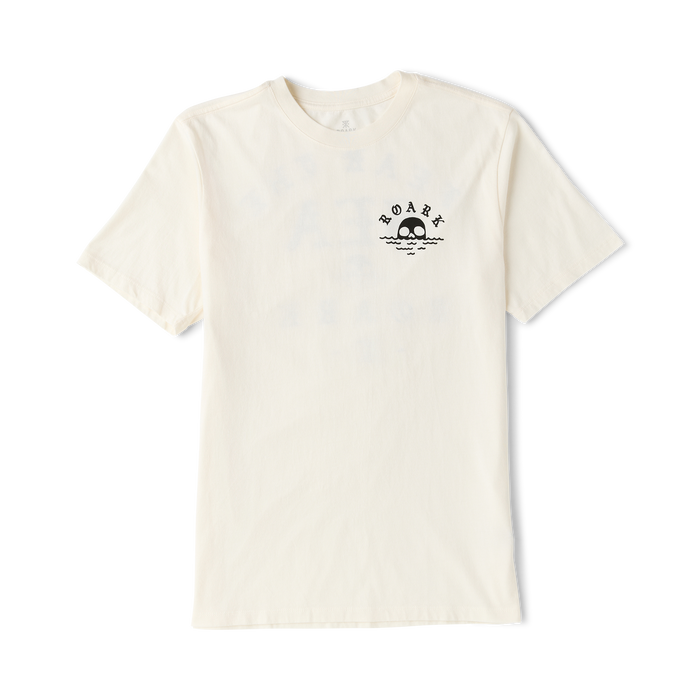 Off-white short-sleeve t-shirt with small black "Roark" logo and skull graphic centered on chest, flat lay view