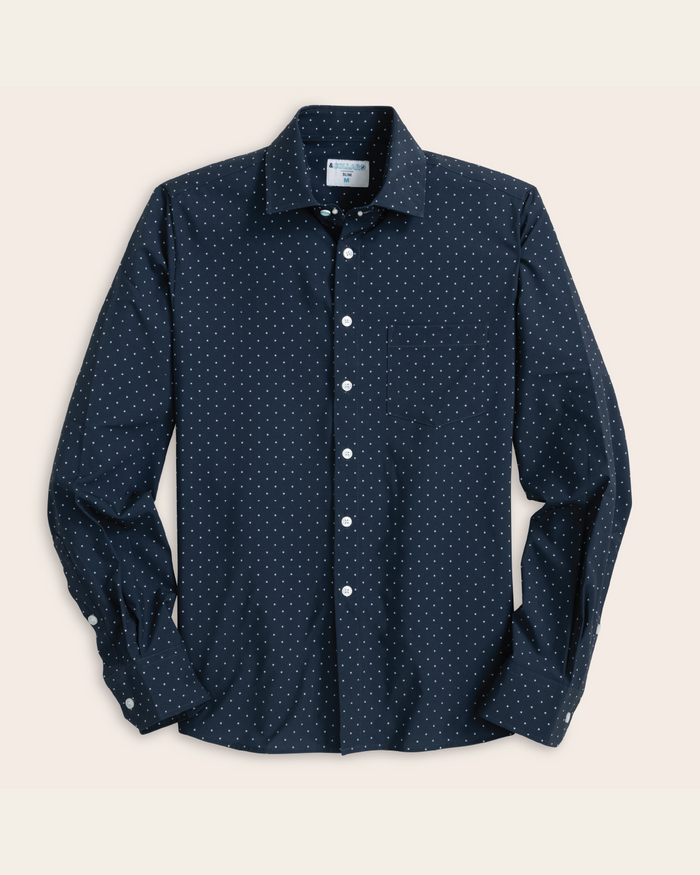 Navy shirt with white polka dots