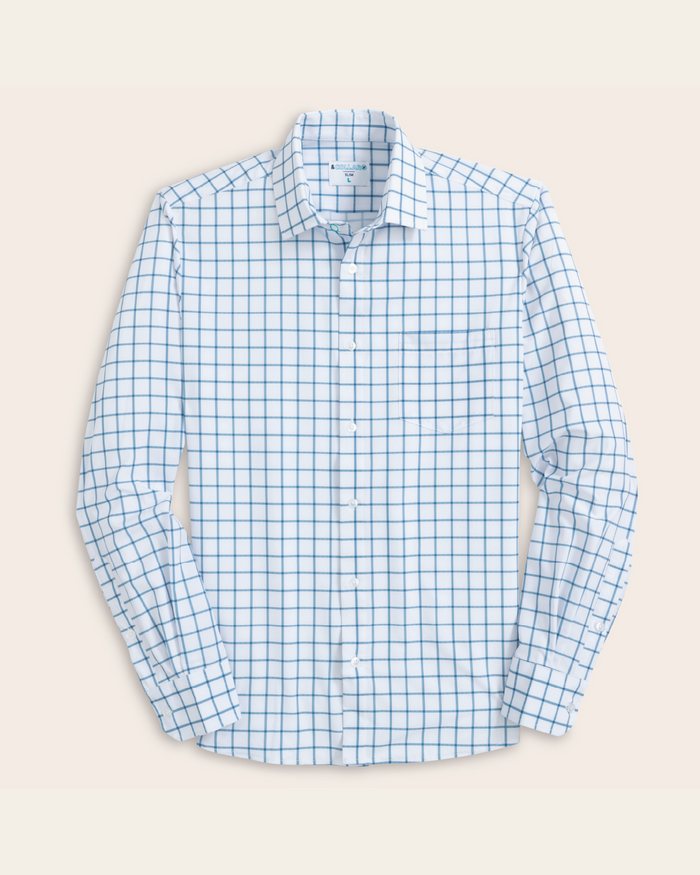 White with ocean blue windowpane shirt