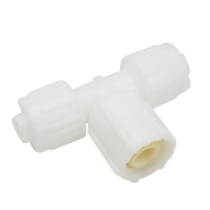 White Plastic Flair-It 1/2 Inch FPT Tee Fitting - Angled View | United RV Parts
