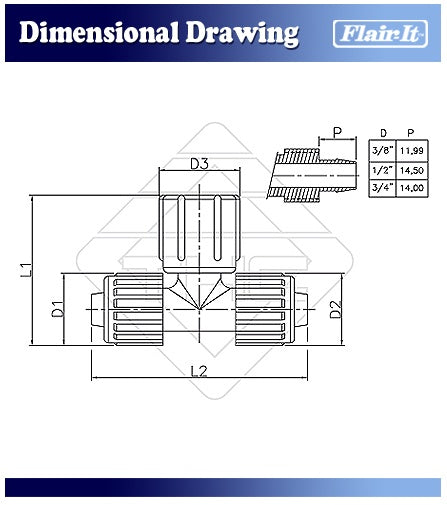 Flair-It Tee Fitting Technical Dimensional Drawing - Specifications Chart | United RV Parts