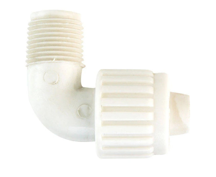 White Flair-It Male Elbow 06810 RV Plumbing Fitting - Side Angle Close-Up | United RV Parts