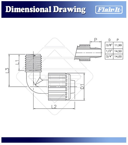 Flair-It 1/2" x 3/8" MPT Male Elbow Dimensional Drawing - Technical Specs | United RV Parts